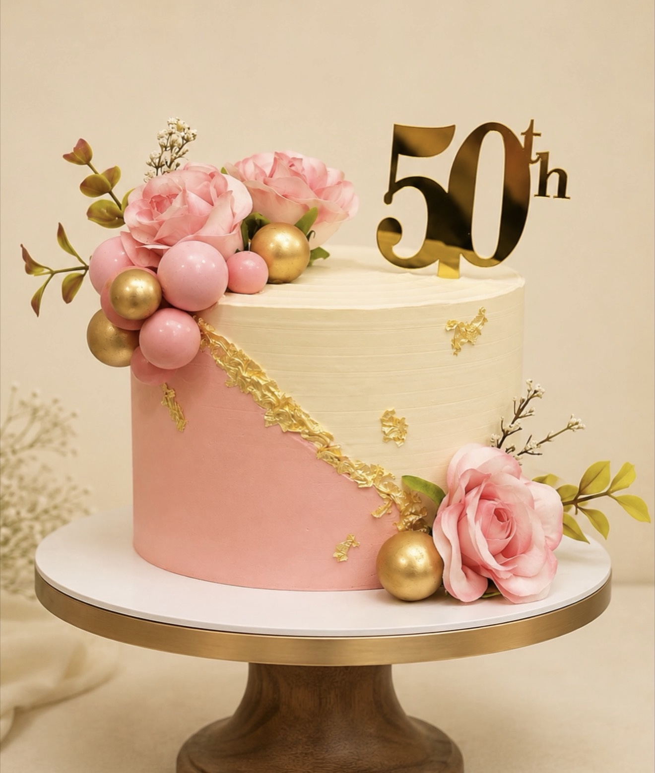 Pink 50th birthday cake with roses