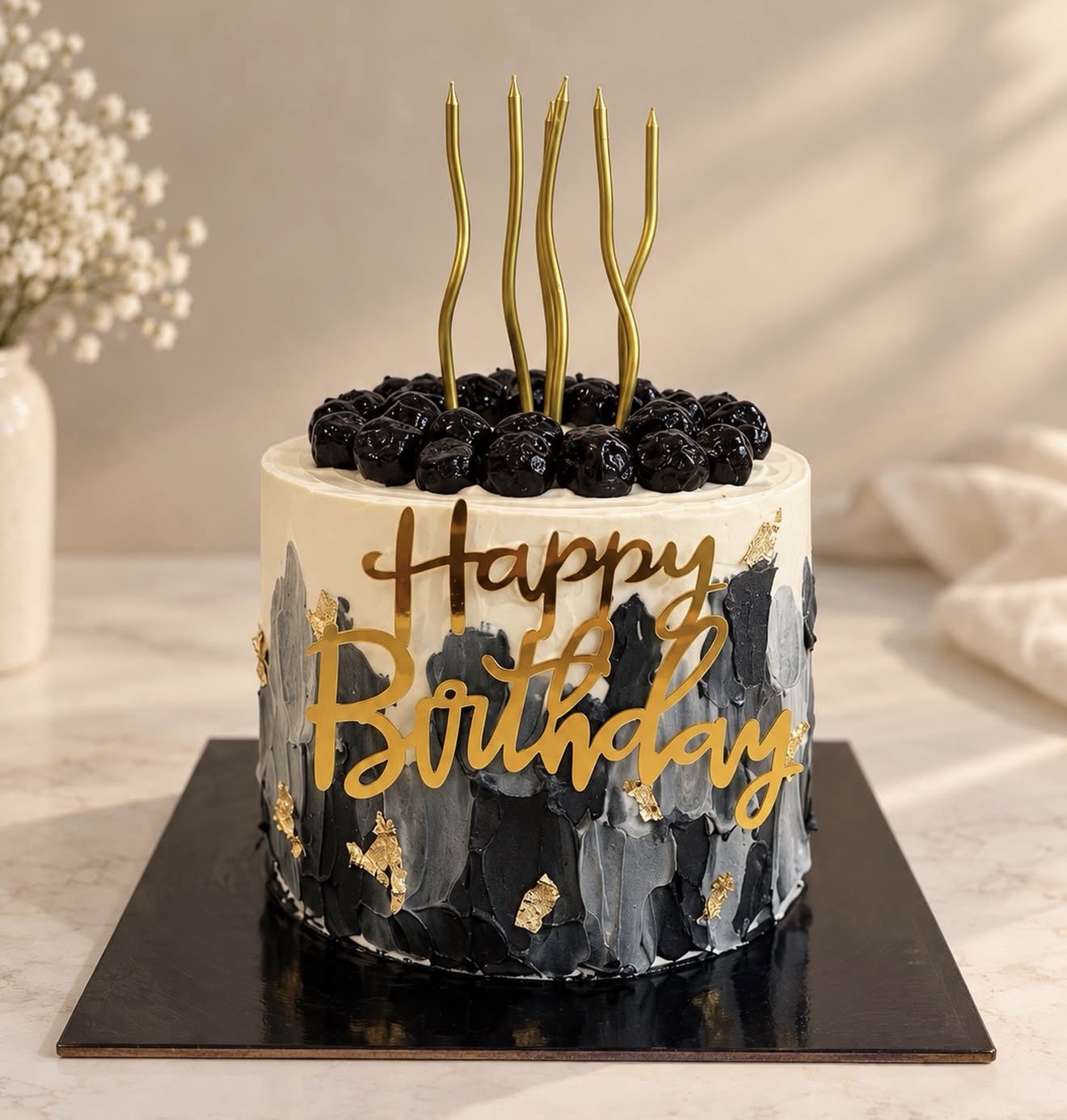 Black marble birthday cake with blackberries