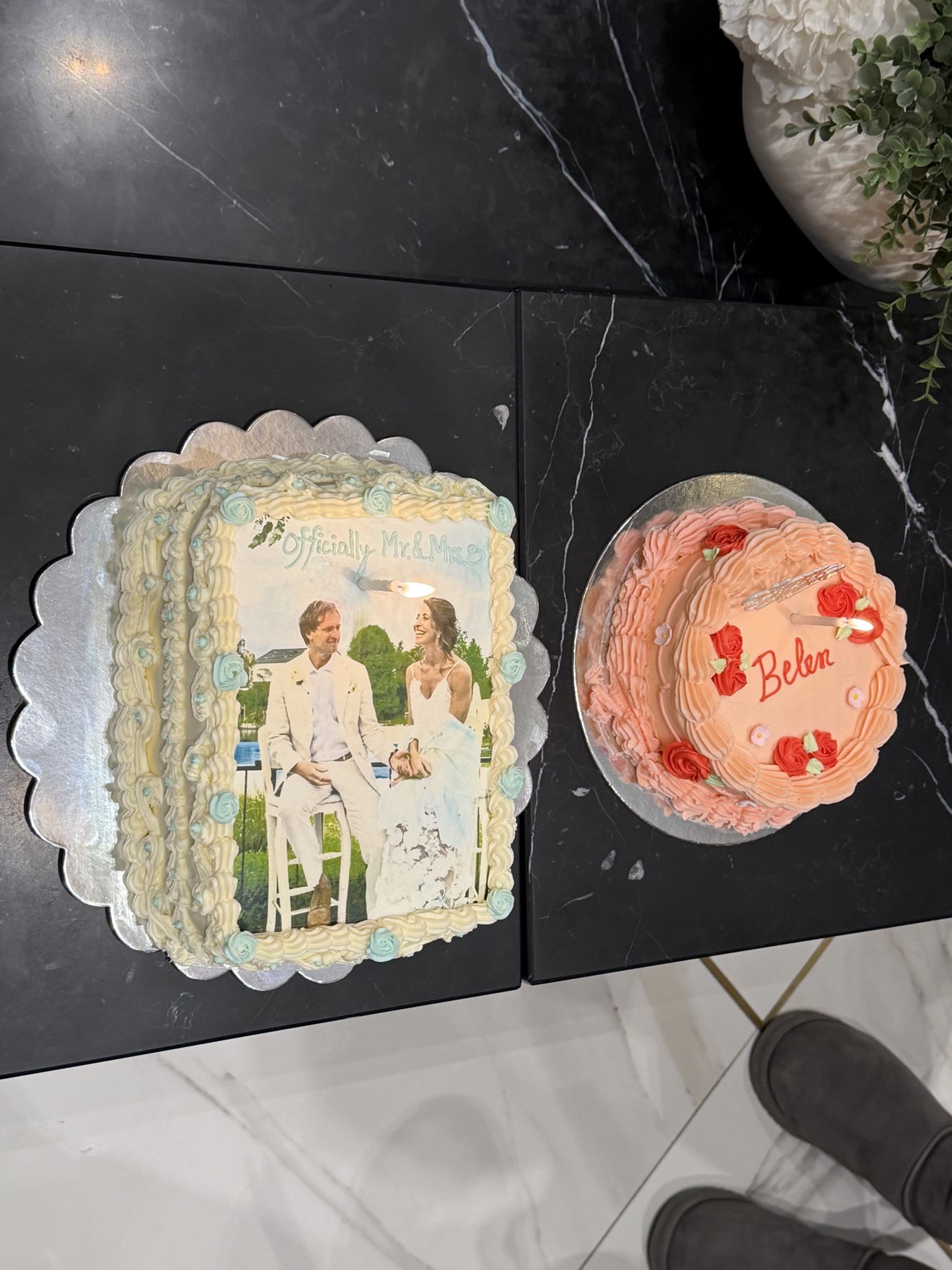 Wedding photo sheet cake and pink birthday cake