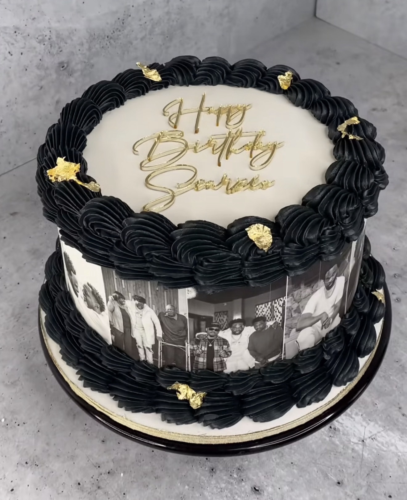 Black and gold photo birthday cake
